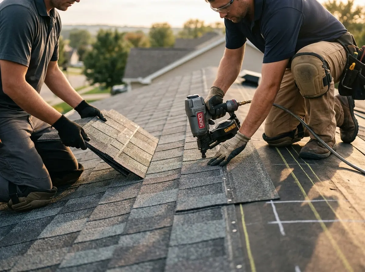 Professional roofer working on a residential roof in Guthrie